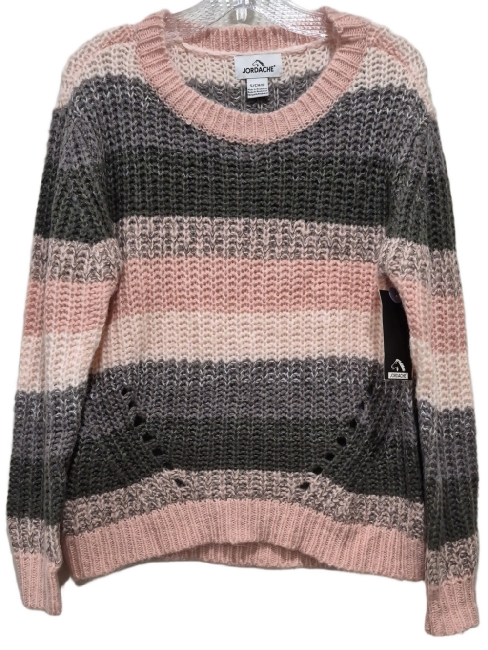 Jordache High-Low Open-Knit Striped Crewneck Sweater Pink & Grey Size S/P